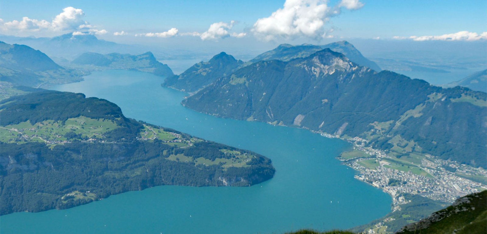 View over Lake Lucerne from Brunnen to Mount Pilatus.